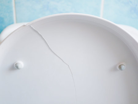 Broken toilet lid. Crack on the toilet lid. Close-up.