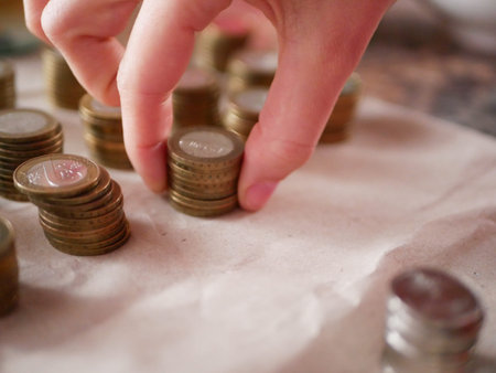 Hand and a lot of coins. Counting savings. Tax rate. Production costs. Distribution of finance