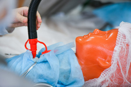 Training operation on a mannequin, closeup. Interest in medicine in children. Children in medical...