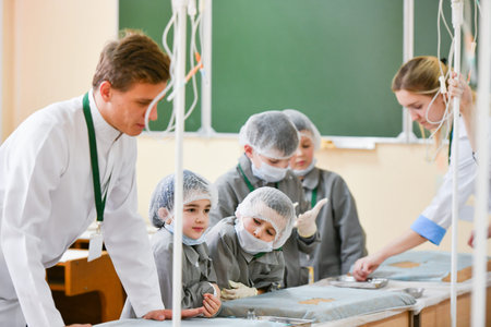 A group children medical training. A group of children are studying surgery. Teaching medicine....