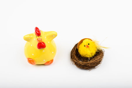Yellow chicken, on a white background. View from above. Flat lay. Yellow bird in a basket. Funny...