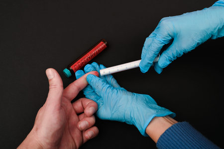 Test tube with blood identified by the new 2019-nCoV coronavirus on a black background. Drugs to...