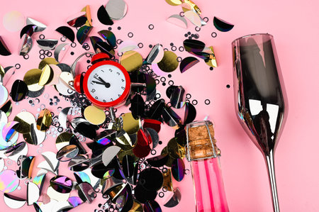 Party time on pink background. Womans birthday concept. Flat lay