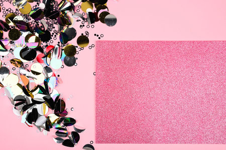 Bachelorette Party Planner. Greeting card layout with colorful sparkles. Flat lay, top view trendy...