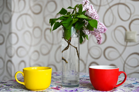red and yellow mug stand on the table.