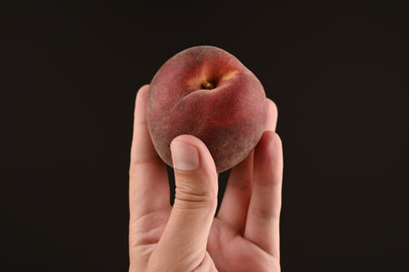 peach raised up. on isolated black background. High quality photoの写真素材