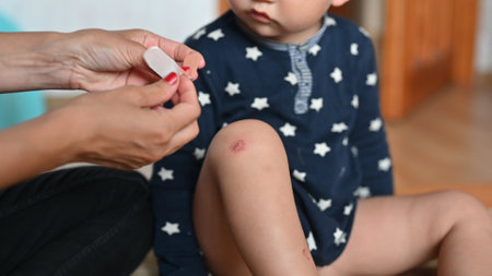 The mother heals the wound on the child's leg. mother's care for the child. High quality photoの写真素材