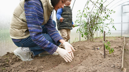 Child with mother are engaged in farming in. High quality photoの写真素材