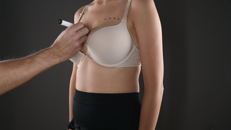 Doctor drawing marks on female breast before cosmetic surgery operation. ... High quality photoの写真素材