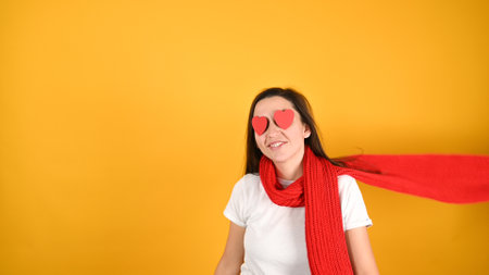 Blind female love concept, on yellow background. High quality photoの写真素材
