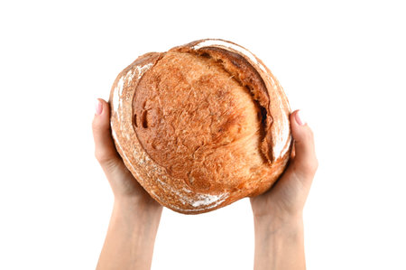Round homemade bread in hands, on an isolated background. High quality photo
