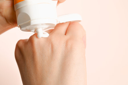 Close up of woman hand applying cream isolated on pastel pink background with copy space. Beauty and...