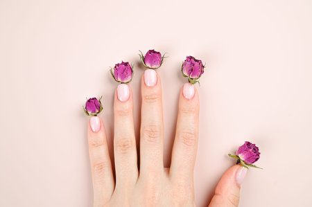 Nude close-up nail design, modern shape. Making stylish tender manicure. High quality photoの写真素材