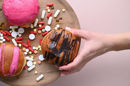 Womans hand takes tasty donut on pink background. Health care concept. High quality photo