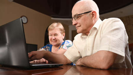 An elderly couple is sitting at a computer looking for information on the Internet.の写真素材