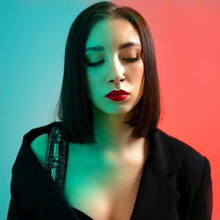 Portrait of a young brunette glows with different colors.の写真素材