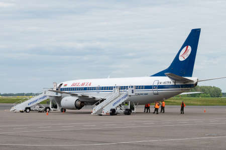 Minsk, Belarus - June 5, 2021: Belavia plane landing.のeditorial素材