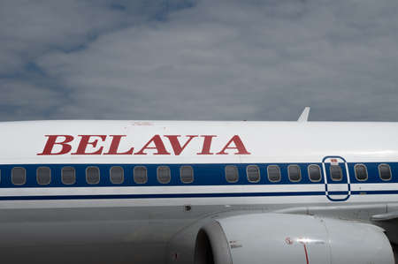 Minsk, Belarus - June 5, 2021: Inscription Belavia on the plane.のeditorial素材