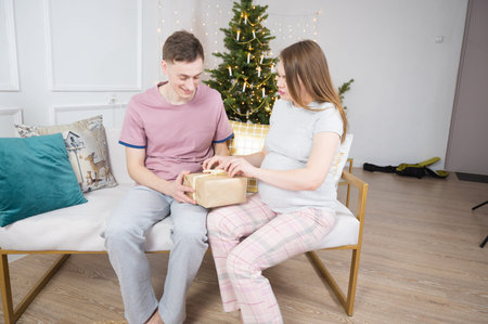 Couple exchanging gifts by Christmas Tree. Couple in love exchanging gifts on new year or xmas