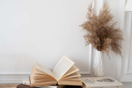 Llight interior with books on the table and pampas grass in a vase. Still life concept. Cozy aesthetic background.の写真素材