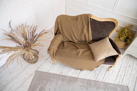 Minimalist interior of bedroom or living room. Top view on sofa and home decor, scandinavian style conceptの写真素材