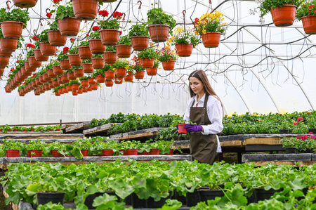 Female gardener working in a large greenhouse nursery. Beautiful young woman in apron producing flowers in a greenhouseの写真素材