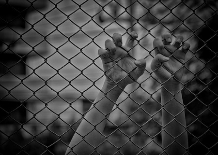 hand with metal fence,no freedom,の写真素材