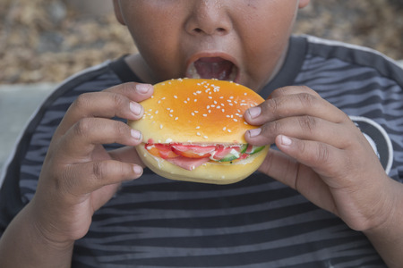 The boys eat hamburgersの写真素材