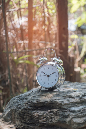 retro metal alarm clock on the rock with natural view background