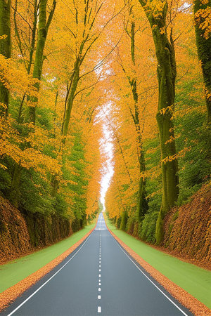 Autumn road in the forest. Concept of road trip, travel and natureの素材