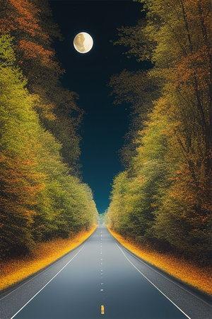 Autumn road in the forest and full moon. 3d renderingの素材