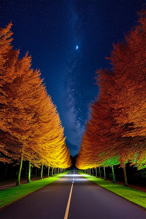 Autumn road in the park at night with starry sky.の素材