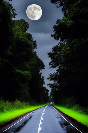 road in the forest at night with full moon and clouds in the sky