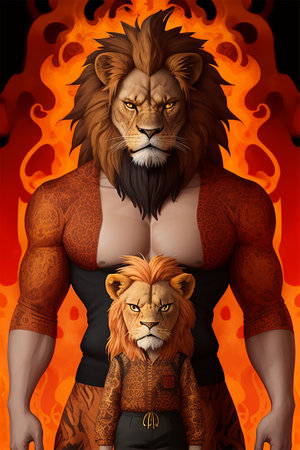 Lion and lioness on fire background. 3D illustration.の素材