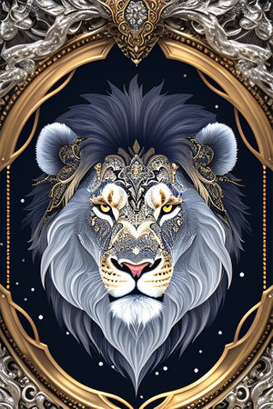 Lion in vintage frame. Hand drawn lion with ornament. vector illustration.の素材