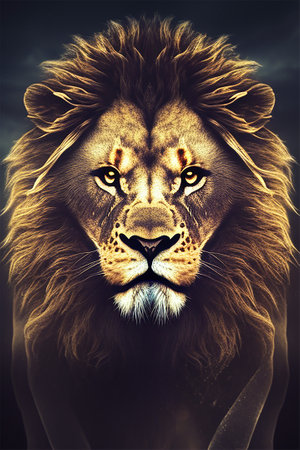 Portrait of a beautiful lion with a black background, 3d renderの素材