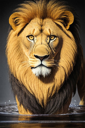 Portrait of a lion on a black background, close-upの素材