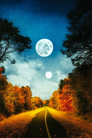 Autumn road in the forest at night with full moon and starsの素材