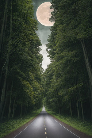 Road in the forest at night with full moon. 3d renderingの素材