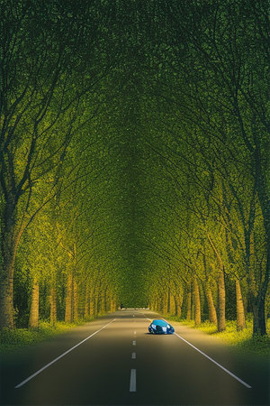 Car driving on the road in the forest. 3D rendering.の素材
