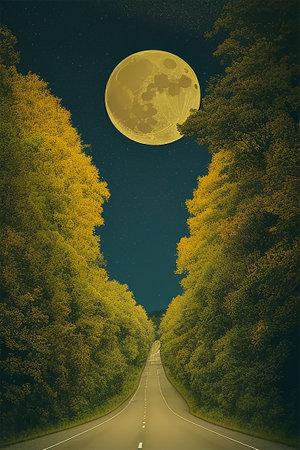 Road in the forest with a full moon in the sky. collageの素材