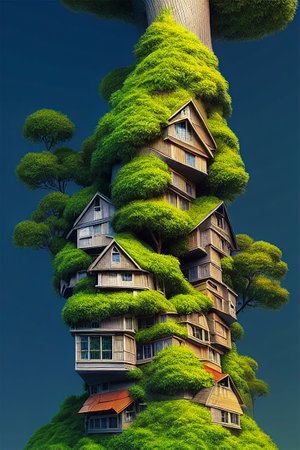 House made of green grass on top of a tree, 3d illustrationの素材