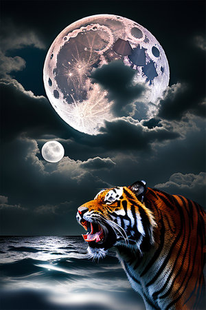 Tiger in the night sky with full moon and moonlight.の素材