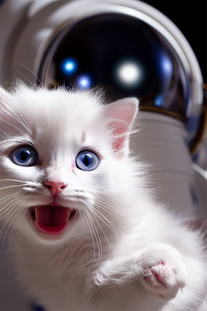 White kitten with blue eyes in the astronaut's helmet on a black backgroundの素材