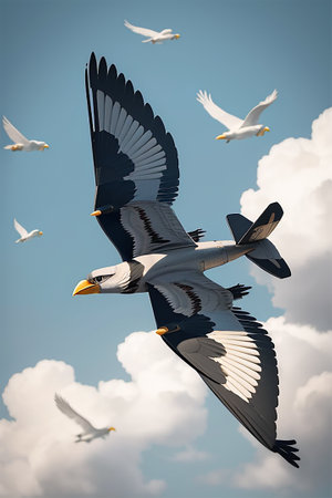 3d rendering of a seagull flying in the blue skyの素材