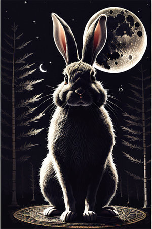 Illustration of a rabbit on a dark background with moon and starsの素材