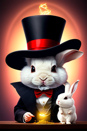 Cute white rabbit in magician hat with magic wand and rabbit.の素材