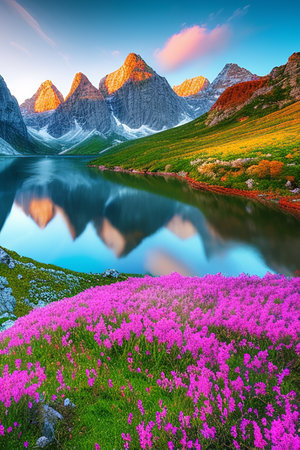 Mountain lake with pink flowers at sunset. Beautiful summer landscape.の素材