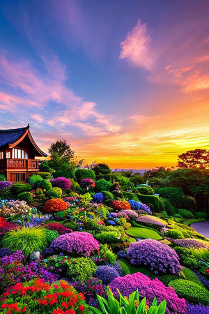 Beautiful landscape with traditional japanese house in garden at sunsetの素材