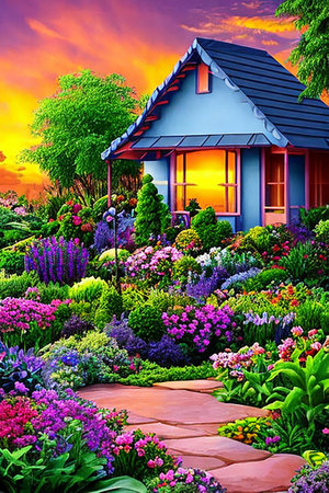 Beautiful landscaped garden with cozy house and flowers at sunset.の素材